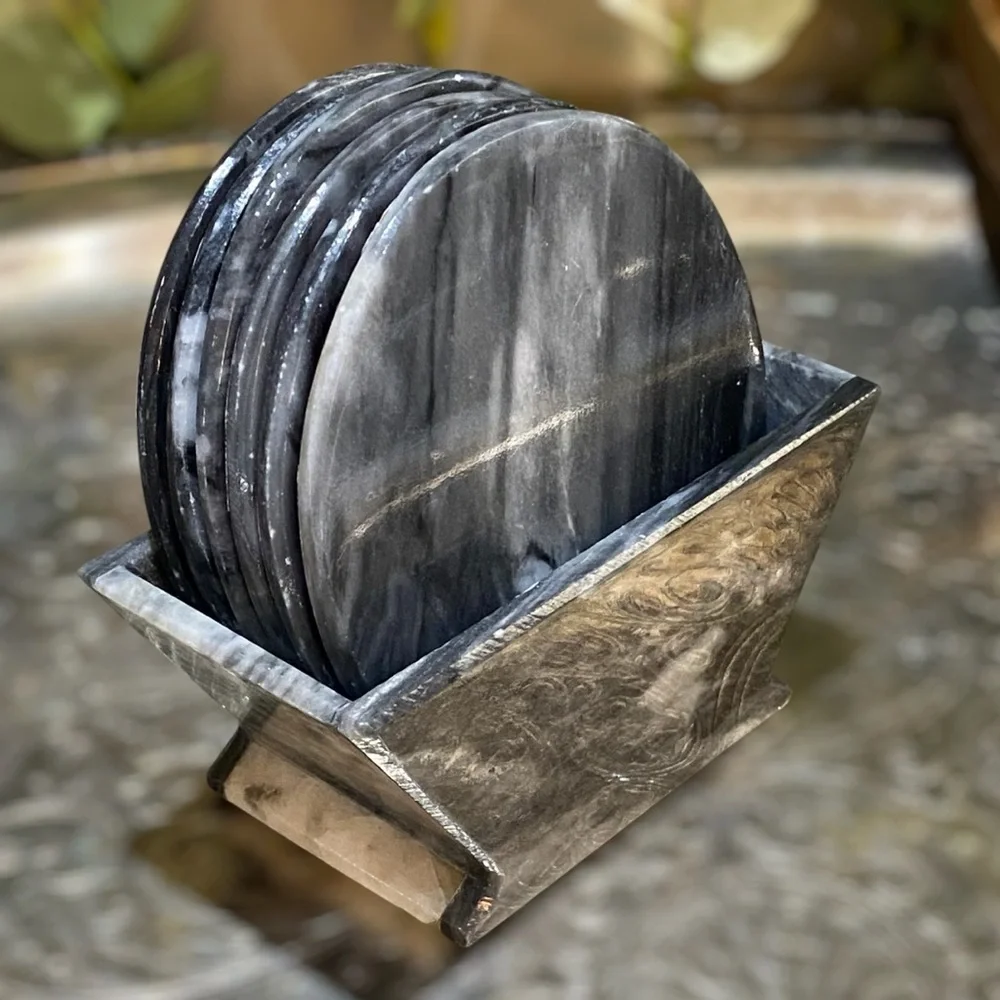 Vintage Set 6 Marble Natural Stone Coasters with Matching Holder Black Gray
